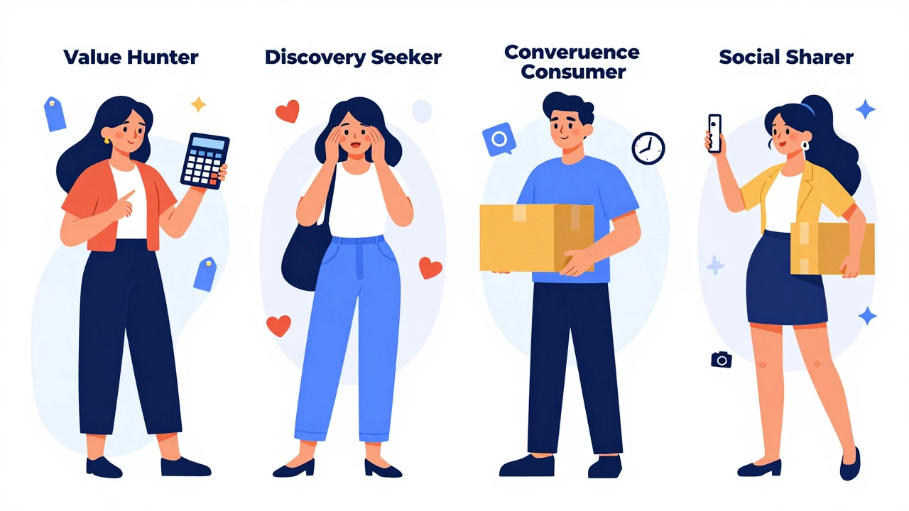 Illustration of four consumer types: value hunter, discovery seeker, convenience consumer, social sharer