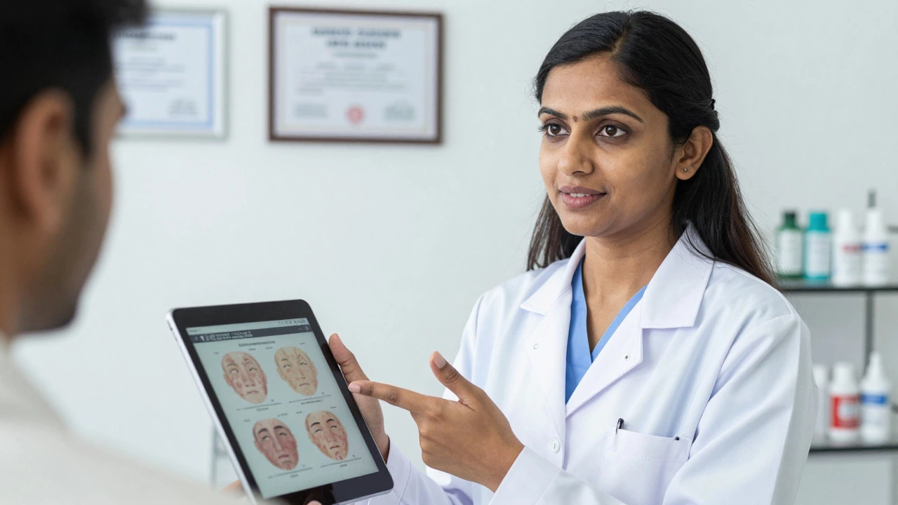 Indian dermatologist explaining skin treatment to patient