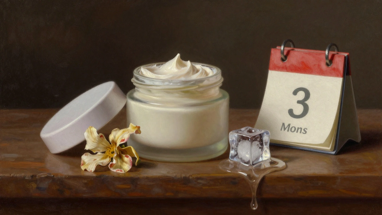 Open skincare jar with wilting flower illustrating short shelf life of natural products.