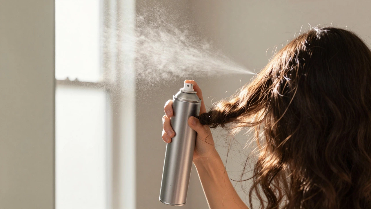 Person applying hairspray mist to voluminous hair in a sunlit bathroom.