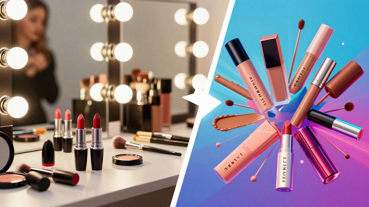 Split image contrasting professional makeup tools with vibrant inclusive beauty products