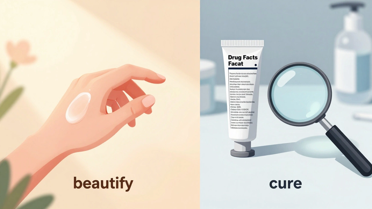 Split image showing cosmetic beauty vs drug treatment concepts
