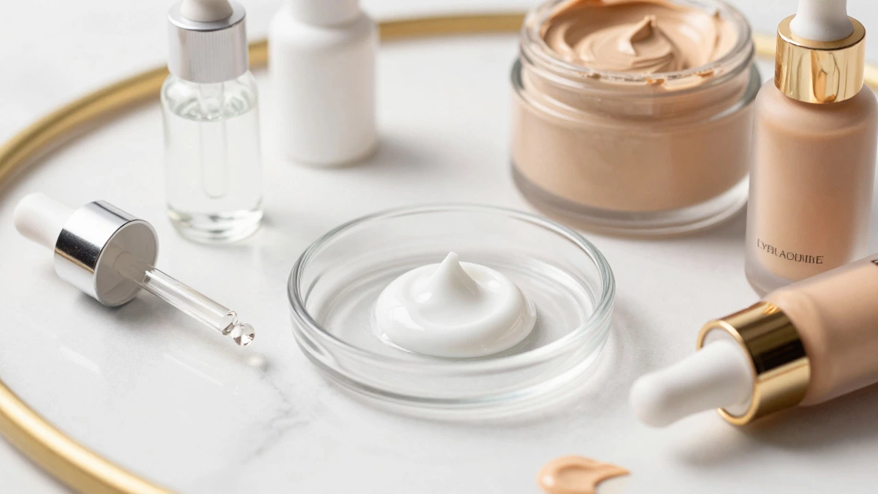 Beauty products including primer gel on marble surface