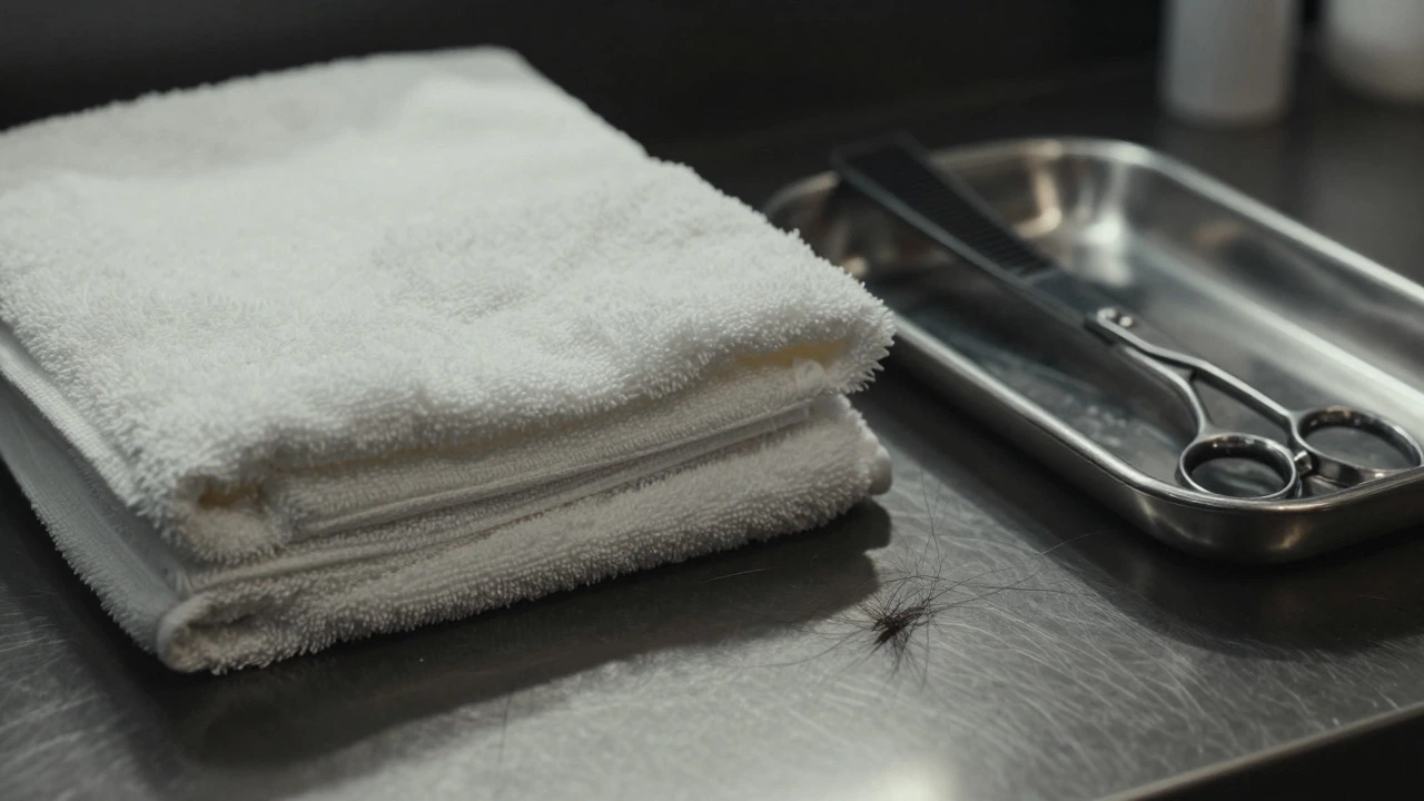 Close-up of dirty towels and salon tools highlighting hygiene issues