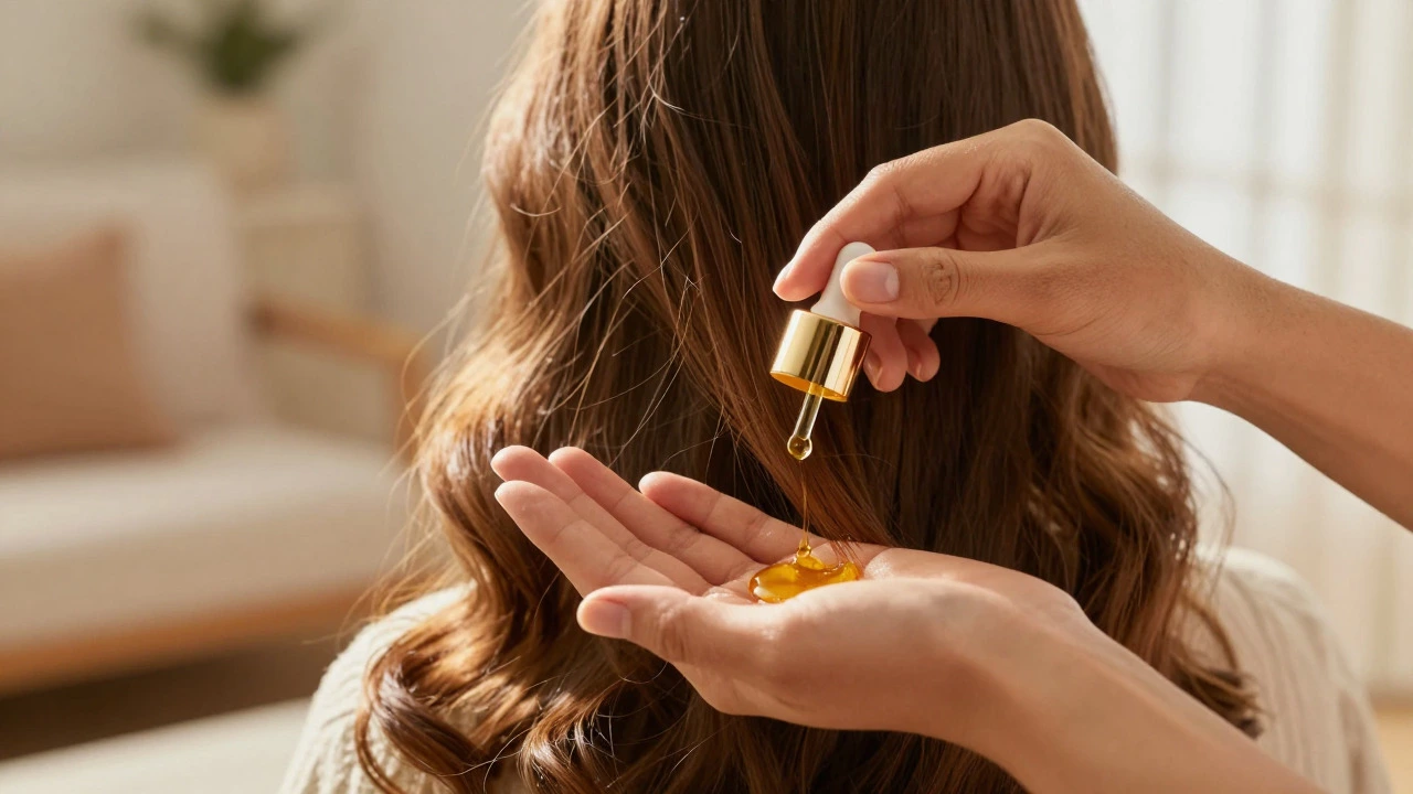 Close-up of hands applying golden hair oil to the ends of wavy, shiny hair.