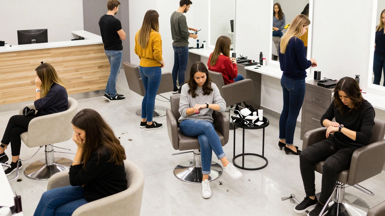 Impatient clients waiting in a crowded and cluttered salon lobby
