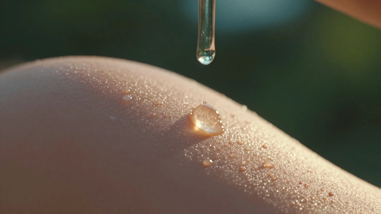 Macro shot of hydrated skin with a drop of serum