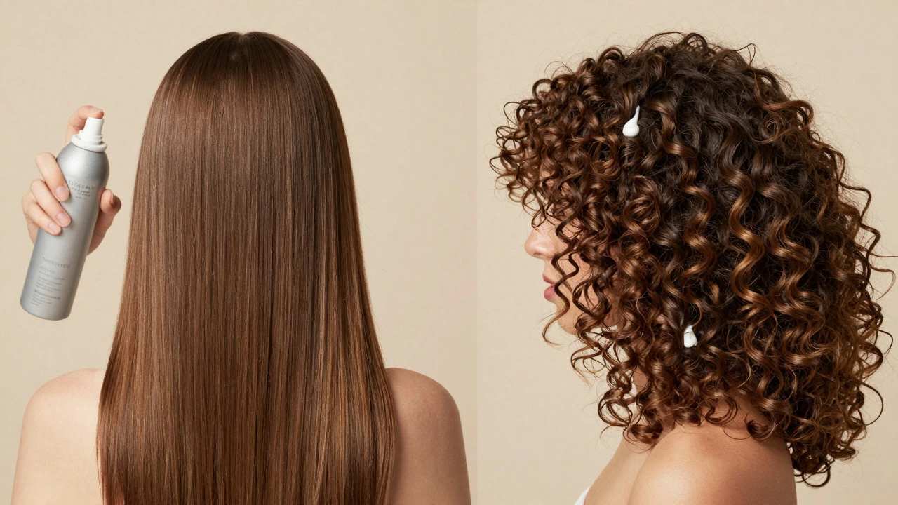 Split view showing styling techniques for fine straight hair and thick curly hair.