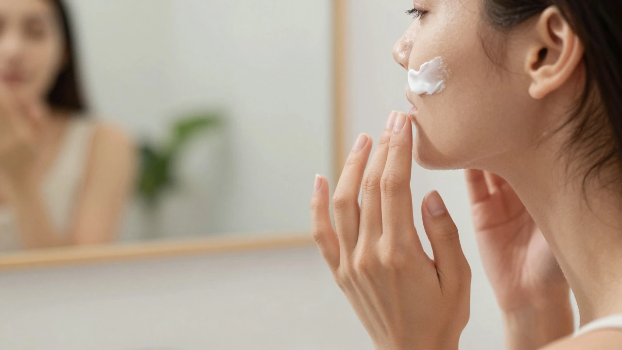 Woman applying white moisturizer cream to her face in a bright bathroom