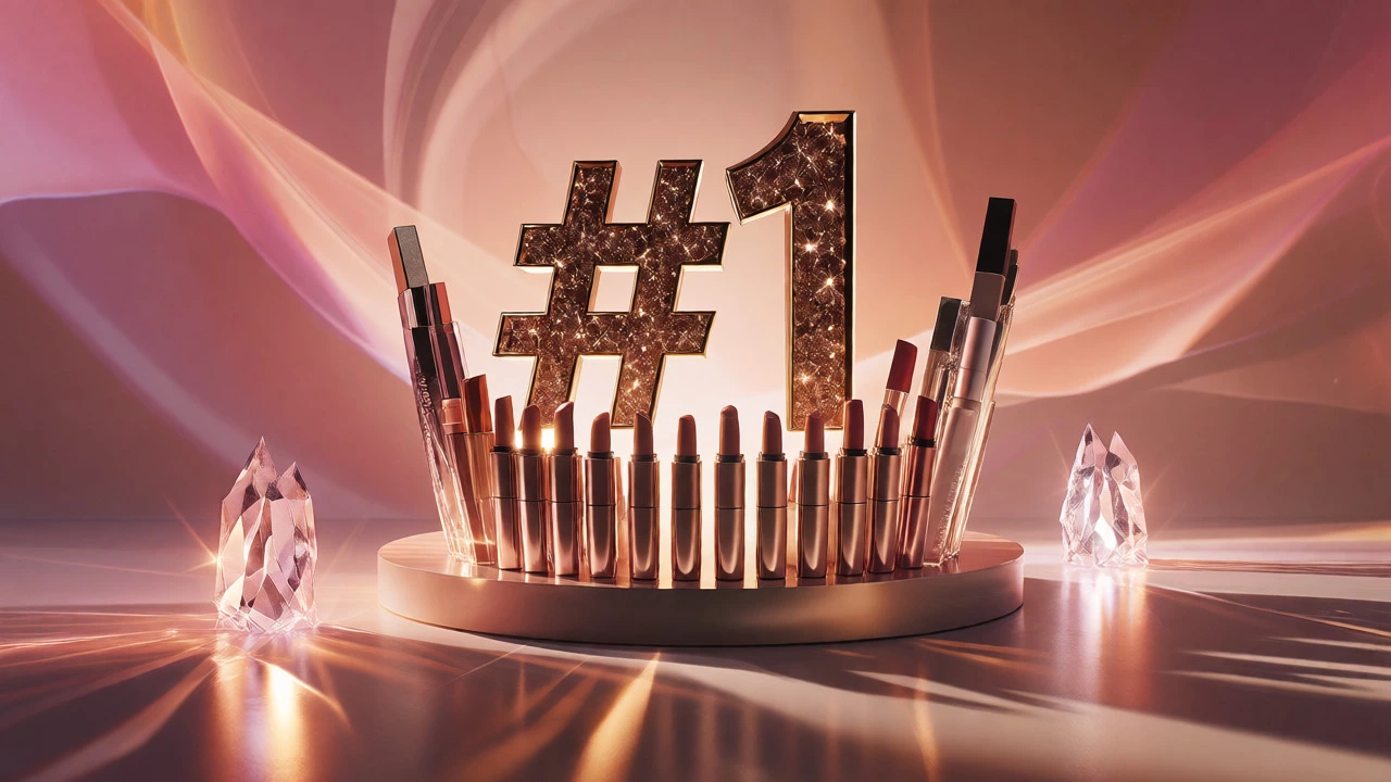A golden crown made of mass-market makeup tubes towering over smaller prestige brand items.