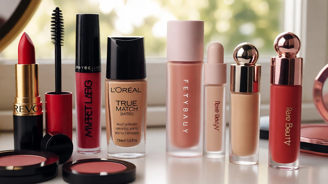 A vanity display mixing drugstore staples with premium indie makeup products under natural light.