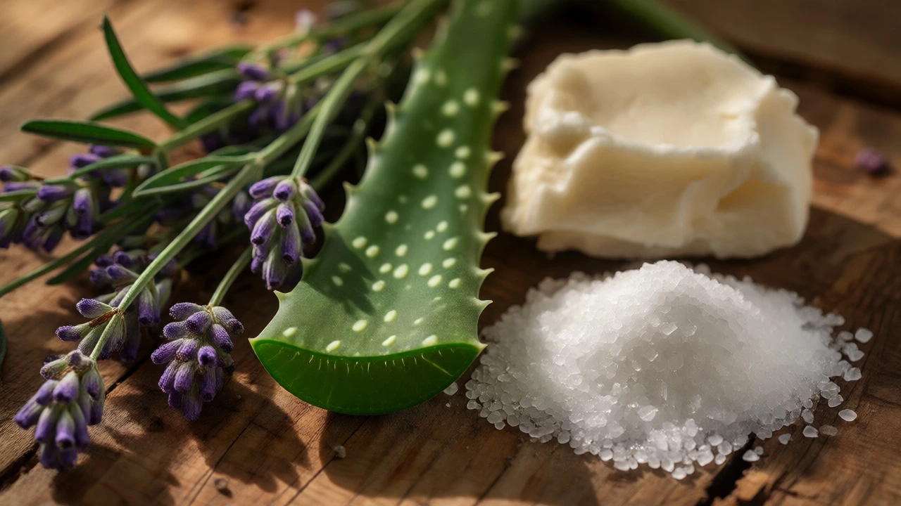 Close-up of fresh lavender and aloe vera next to synthetic white powder