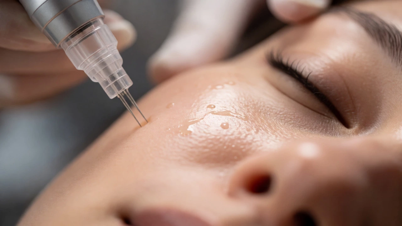Close-up of microneedling device on skin with serum