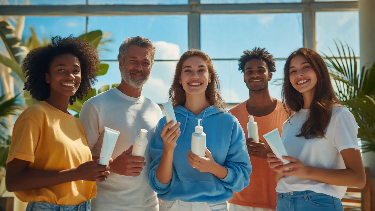 Diverse group holding simple skincare tubes in a bright sunlit room