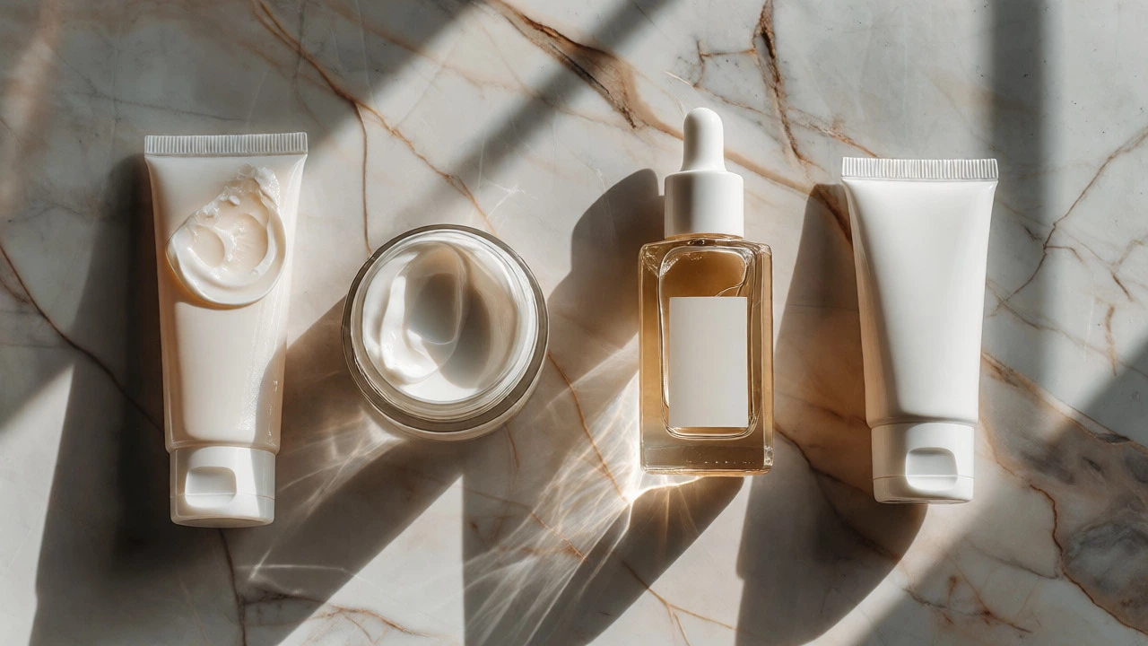 Flat lay of various skincare products including creams and oils