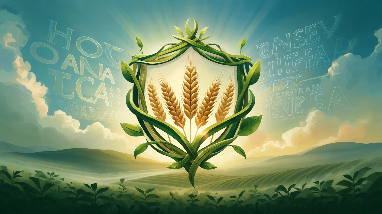 Glowing organic certification emblem made of vines and wheat in field