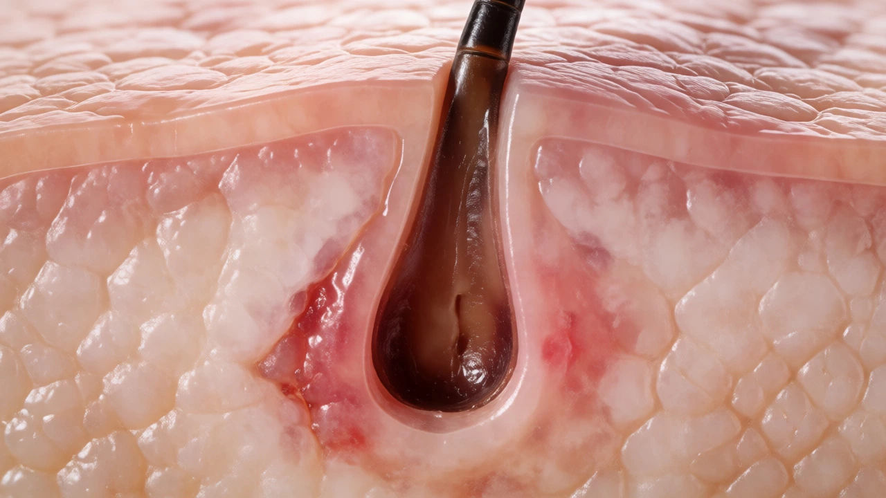 Macro view of a clogged hair follicle and sebaceous gland