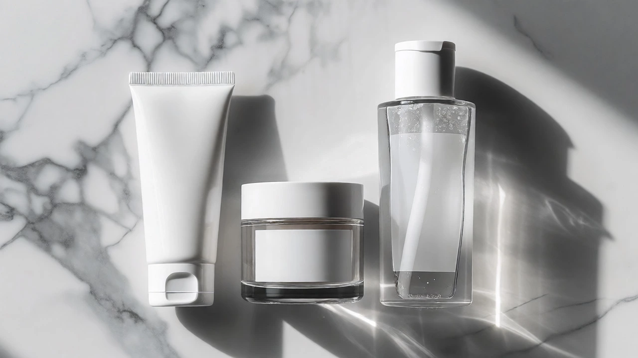 Minimalist display of sunscreen, moisturizer, and cleanser on marble