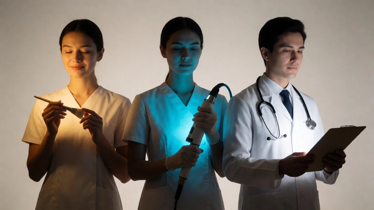 Three skincare professionals representing different expertise levels