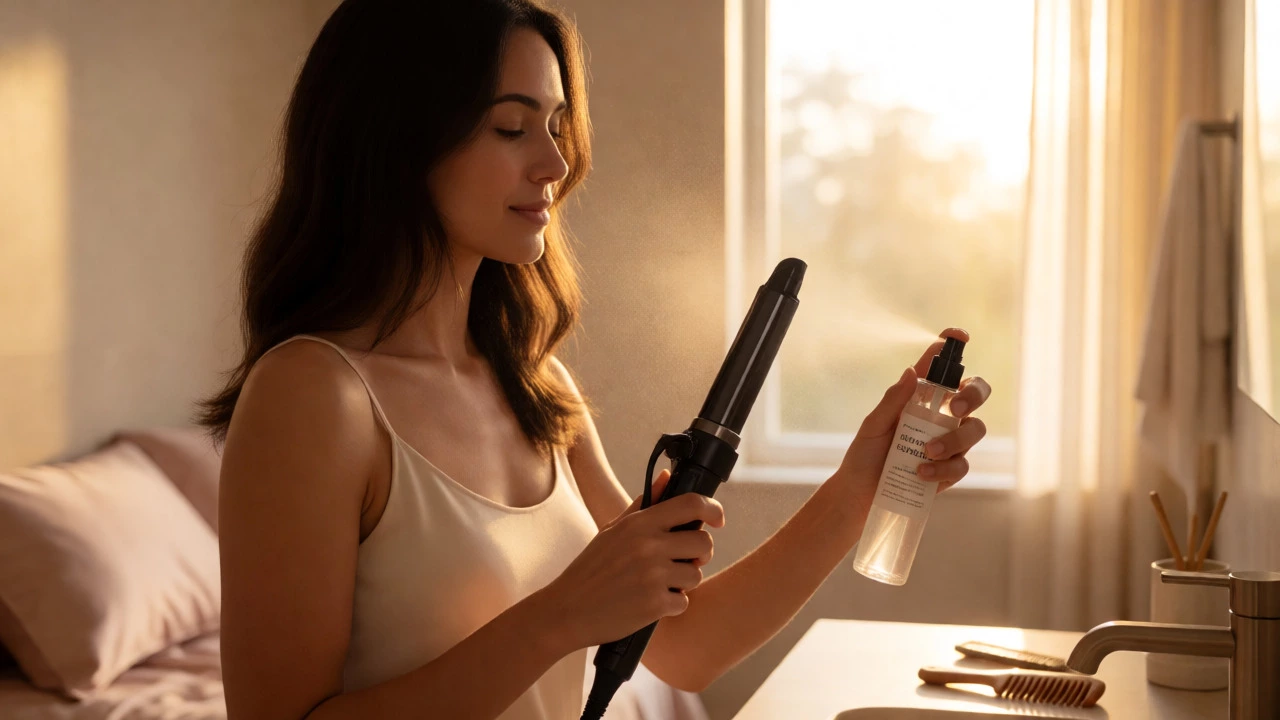 Woman applying heat protectant spray before styling with a curling iron
