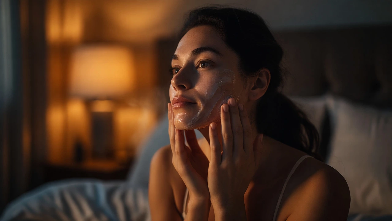 Woman massaging oil cleanser onto her face during evening routine