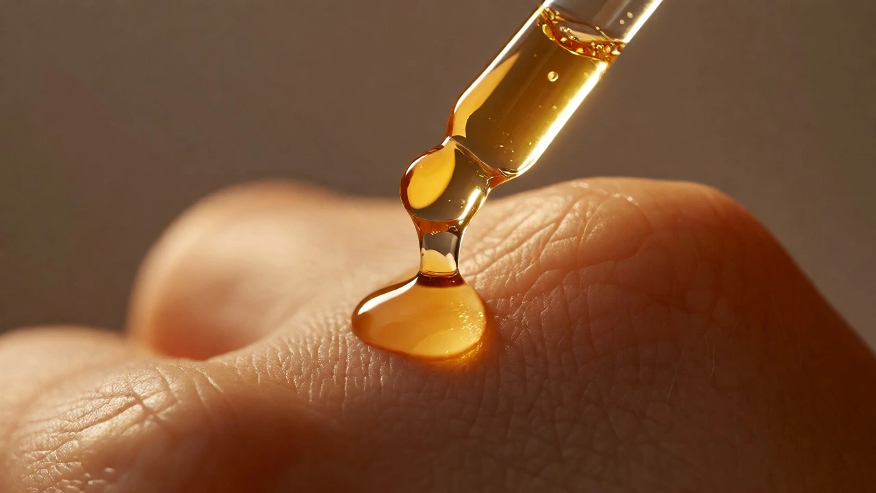 Close-up of a dropper releasing golden Vitamin C serum onto skin