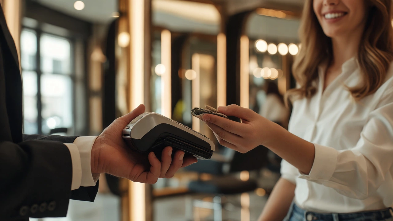 Close-up of hands discreetly offering cash tip to hairdresser in salon