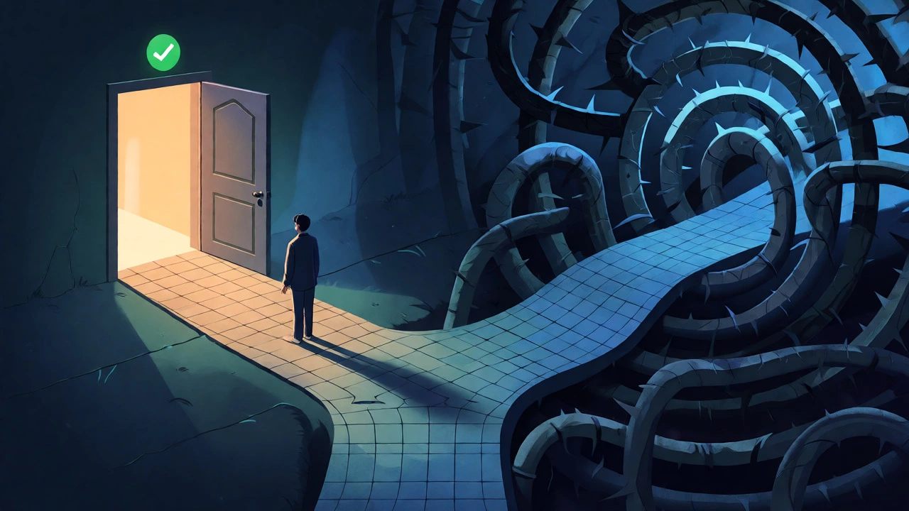 Conceptual art showing a path to an easy exit versus a thorny labyrinth of subscription cancellation barriers.