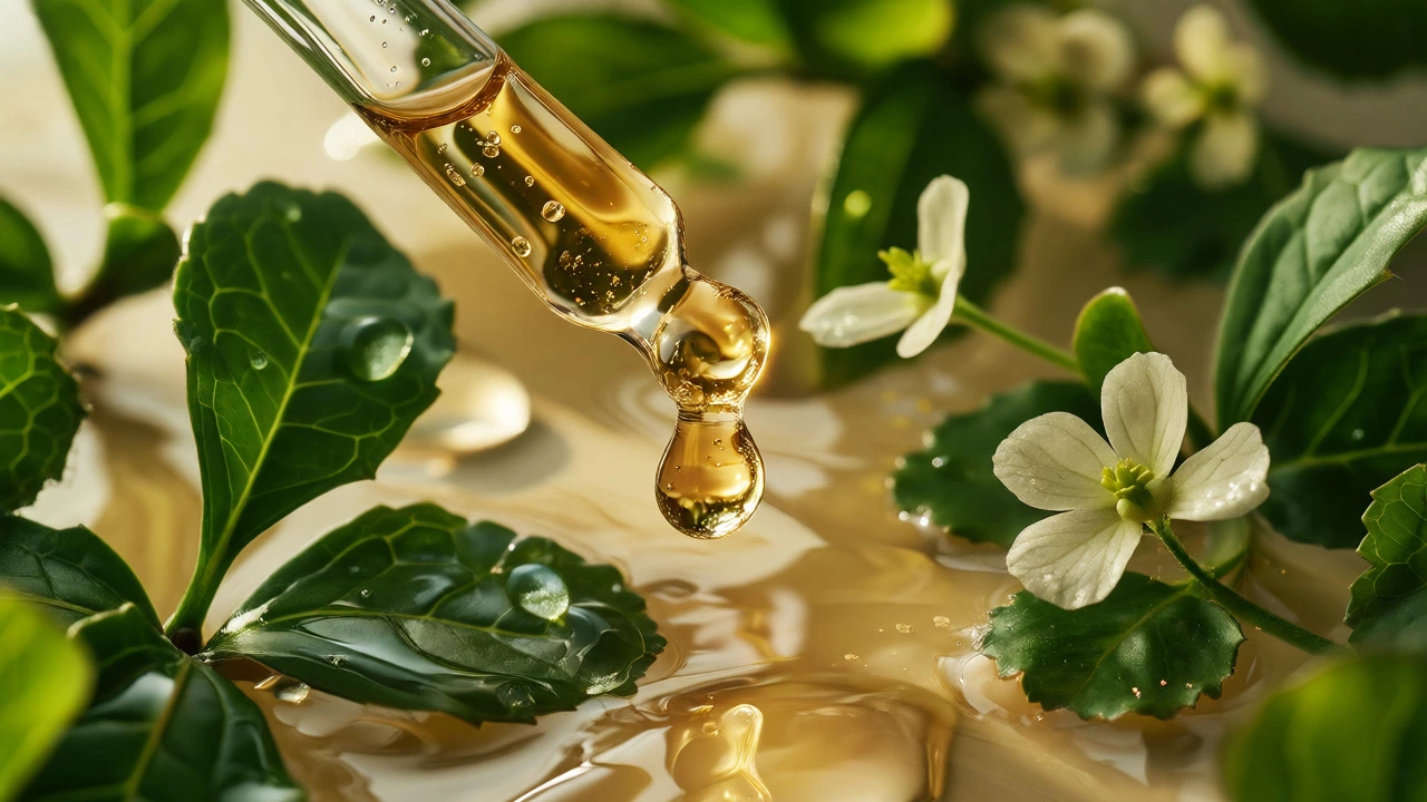 Golden essence dropping onto green tea leaves and Centella Asiatica flowers.
