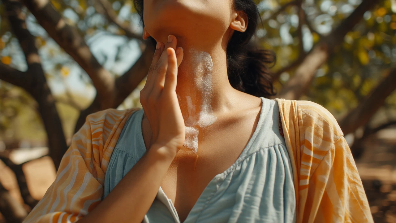 Person applying sunscreen to neck and chest outdoors in sunlight