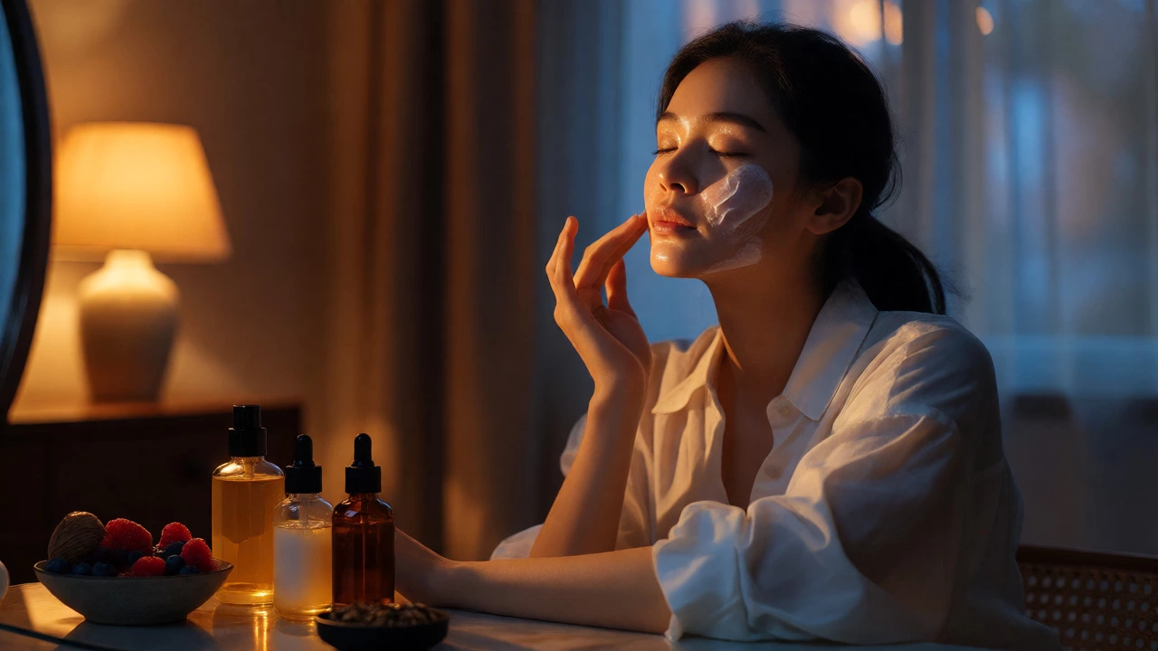 Woman applying moisturizer at a vanity with organic skincare products nearby.